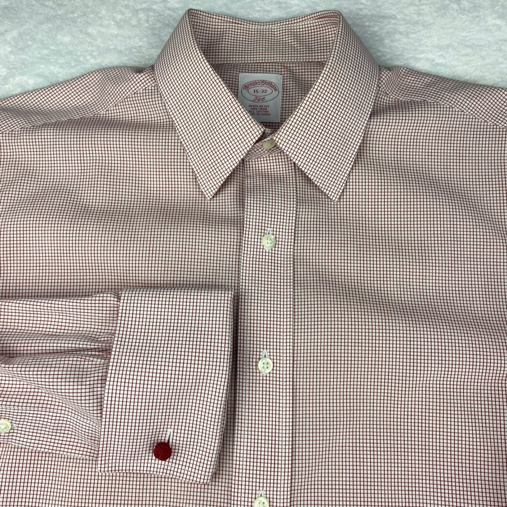 Brooks Brothers 346 Mens Red White Micro Check Non-Iron Dress Shirt 15-32 French